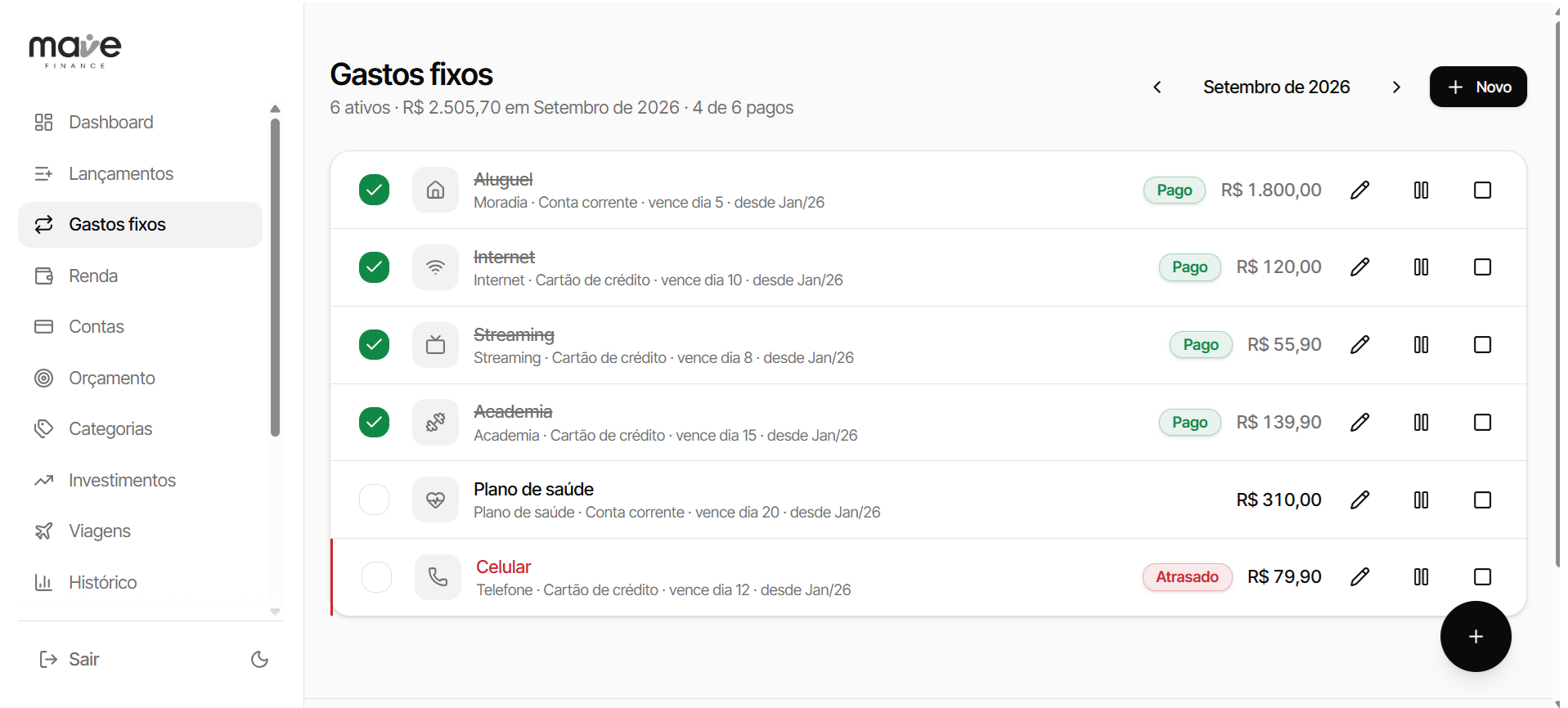 Tela de gastos fixos do Mave Finance com lista de contas recorrentes e status de pagamento