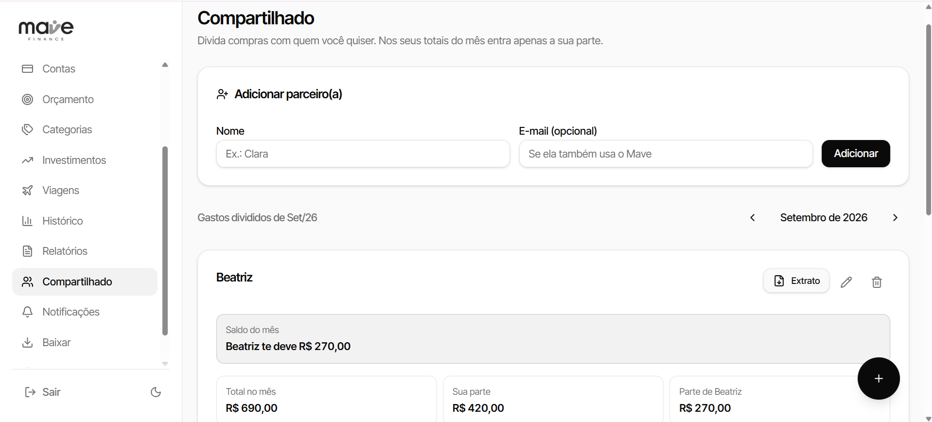 Tela de gastos compartilhados do Mave Finance mostrando a divisão de valores com o parceiro