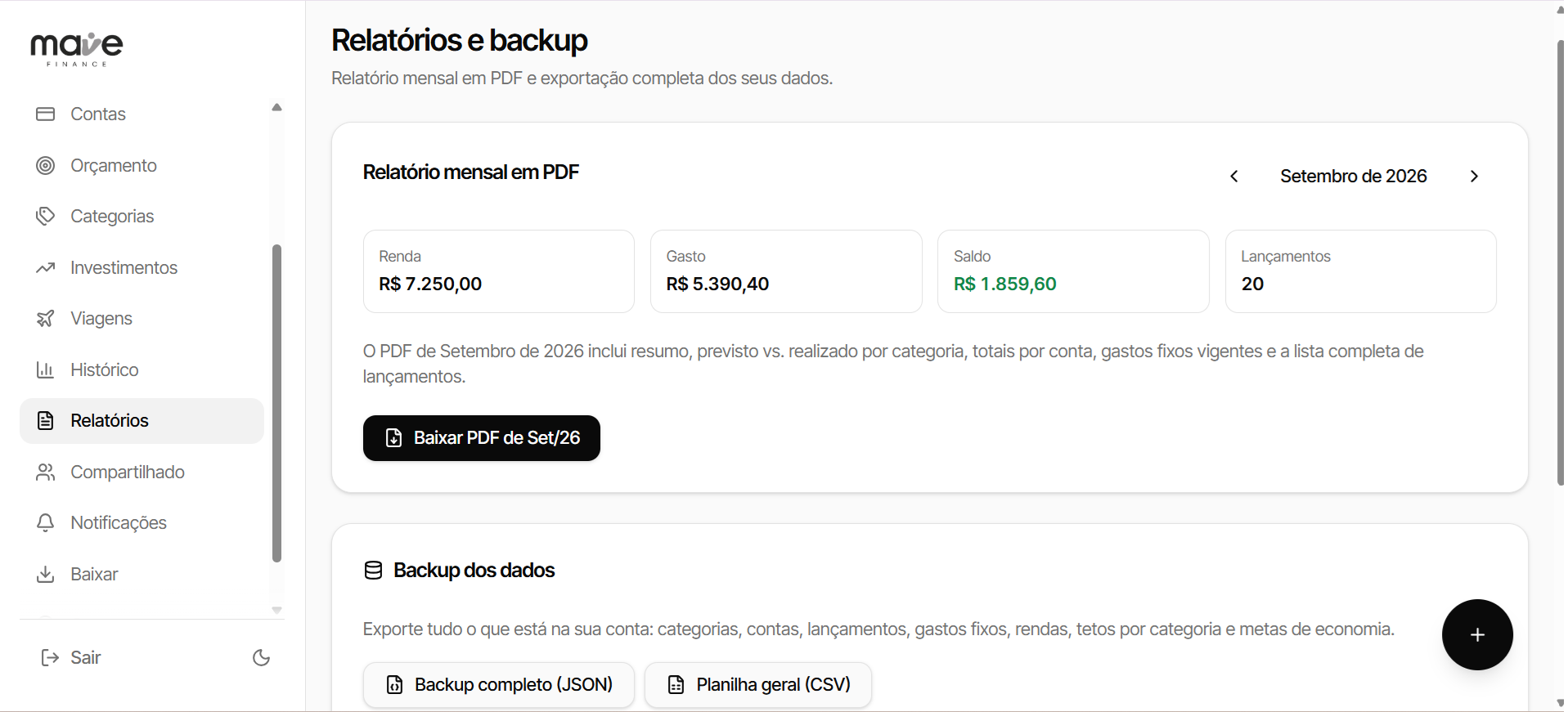 Tela de relatórios do Mave Finance com resumo mensal, PDF e opções de backup