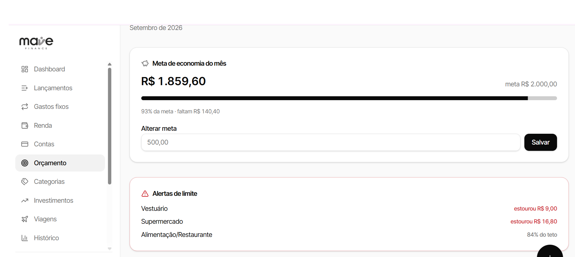 Tela de orçamento do Mave Finance com teto por categoria e barras de progresso