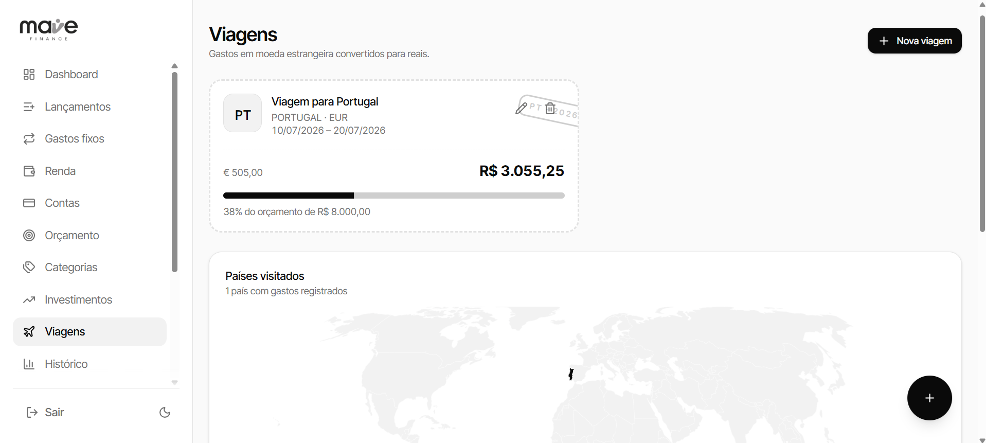 Tela de viagens do Mave Finance com gastos em moeda estrangeira convertidos para real